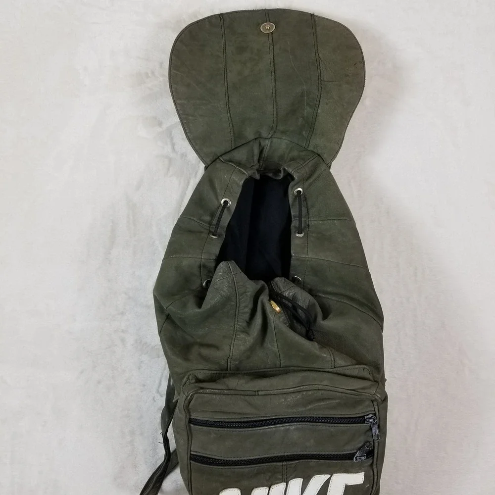 VTG‎ Nike Leather Backpack Olive Green Rucksack Swoosh Logo Bag